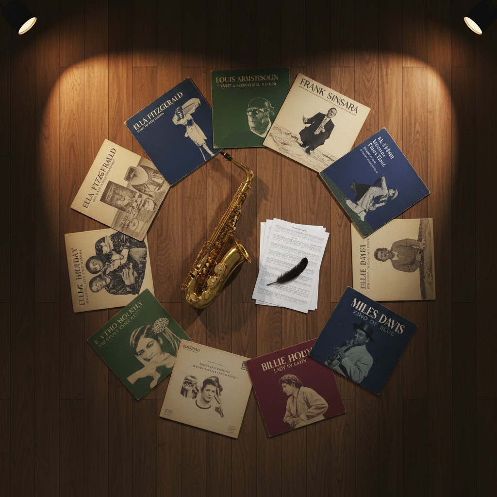 A collection of jazz albums arranged around a saxophone, feather quill, and sheet music. //[Captions:] // ( Twelve album c...