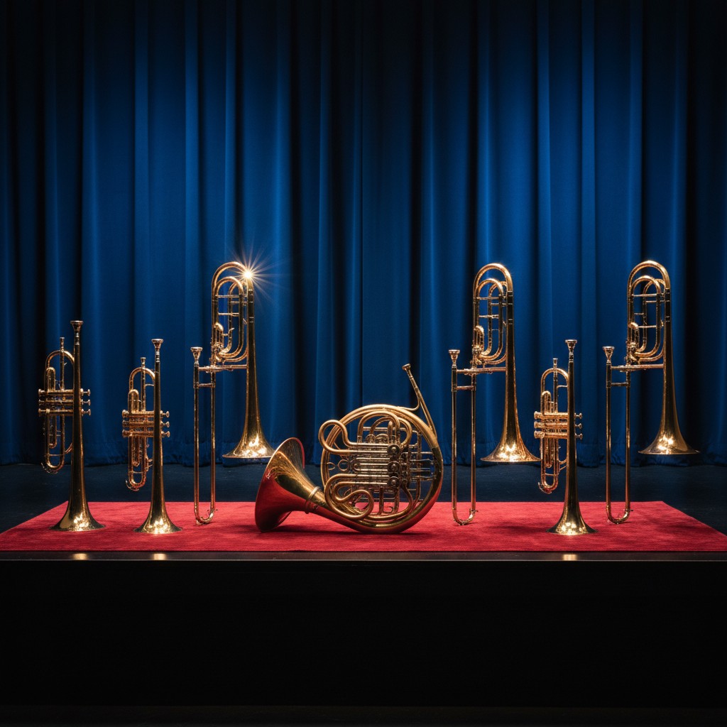 A red carpet is surrounded by various large brass instruments on a stage set against a blue curtain.